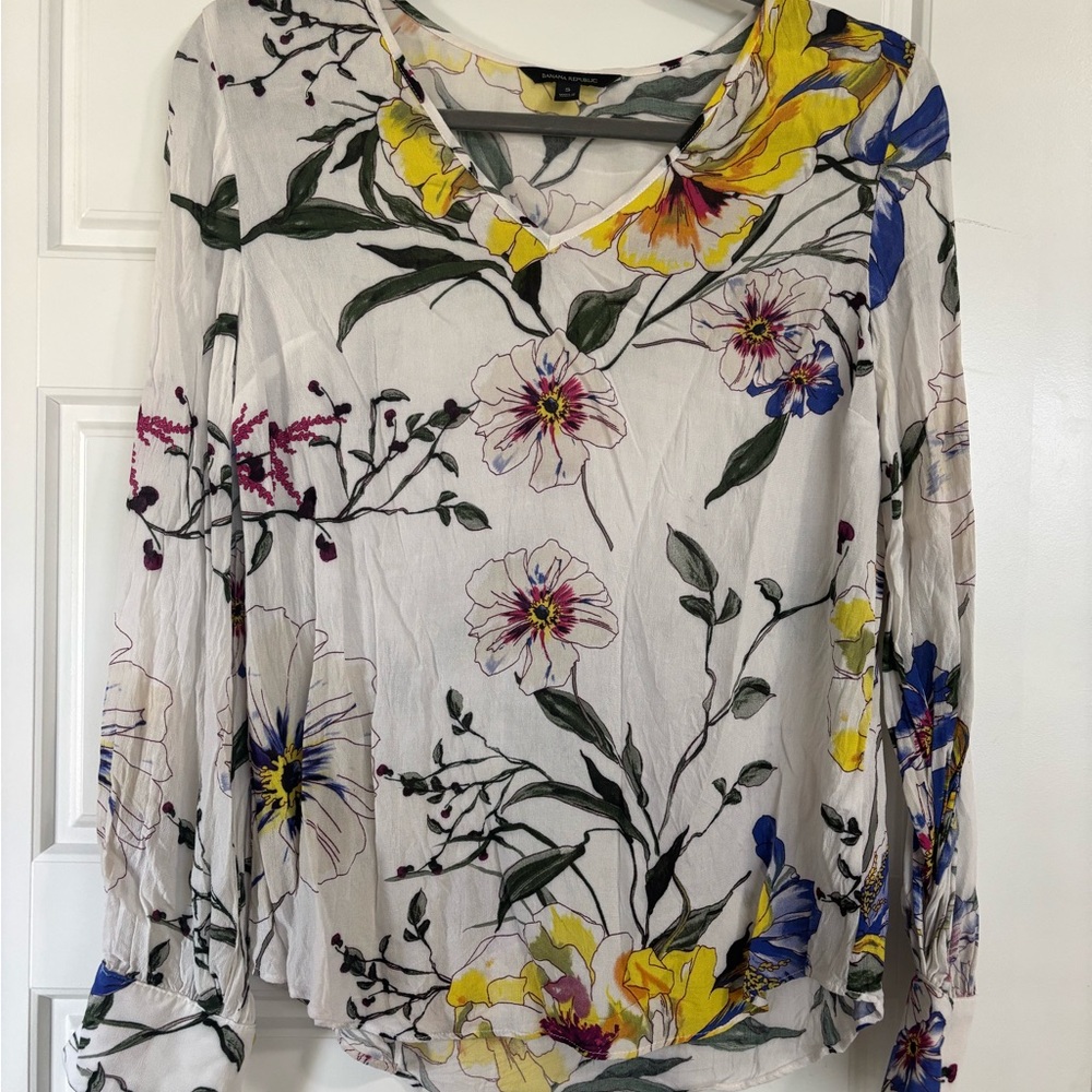Banana Republic Blue & Yellow Lily Floral Blouse Long Sleeve-Size Small